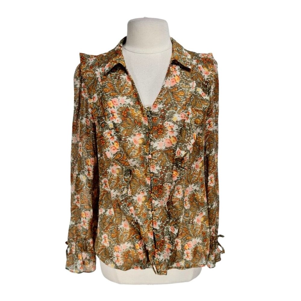 TTAHARI Womens Button Up Ruffle Top XL Floral Sheer Long Sleeve No Camisole 273A